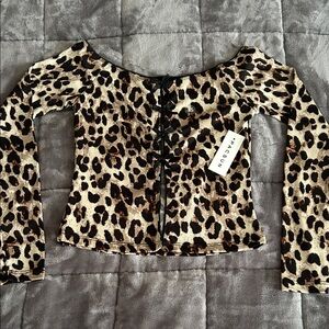 PacSun Leopard Print Lace-Up Long Sleeve Top